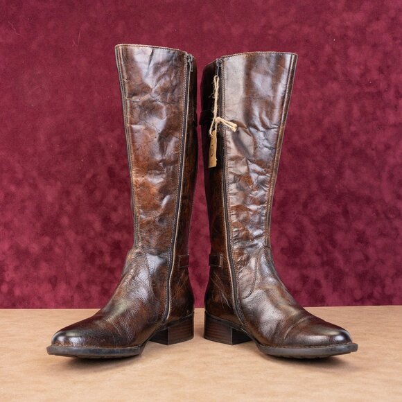 Born Wmn Gibb Distress Brown Leather Wide Calf Riding Equestrian Knee Boots sz 8 - Picture 2 of 10